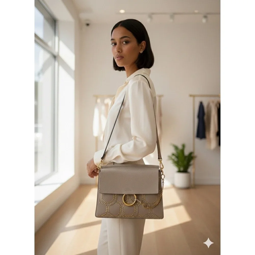 Chloe Faye Studded‎ Suede Leather Shoulder Bag Taupe Grey Gold Hardware Rare COA